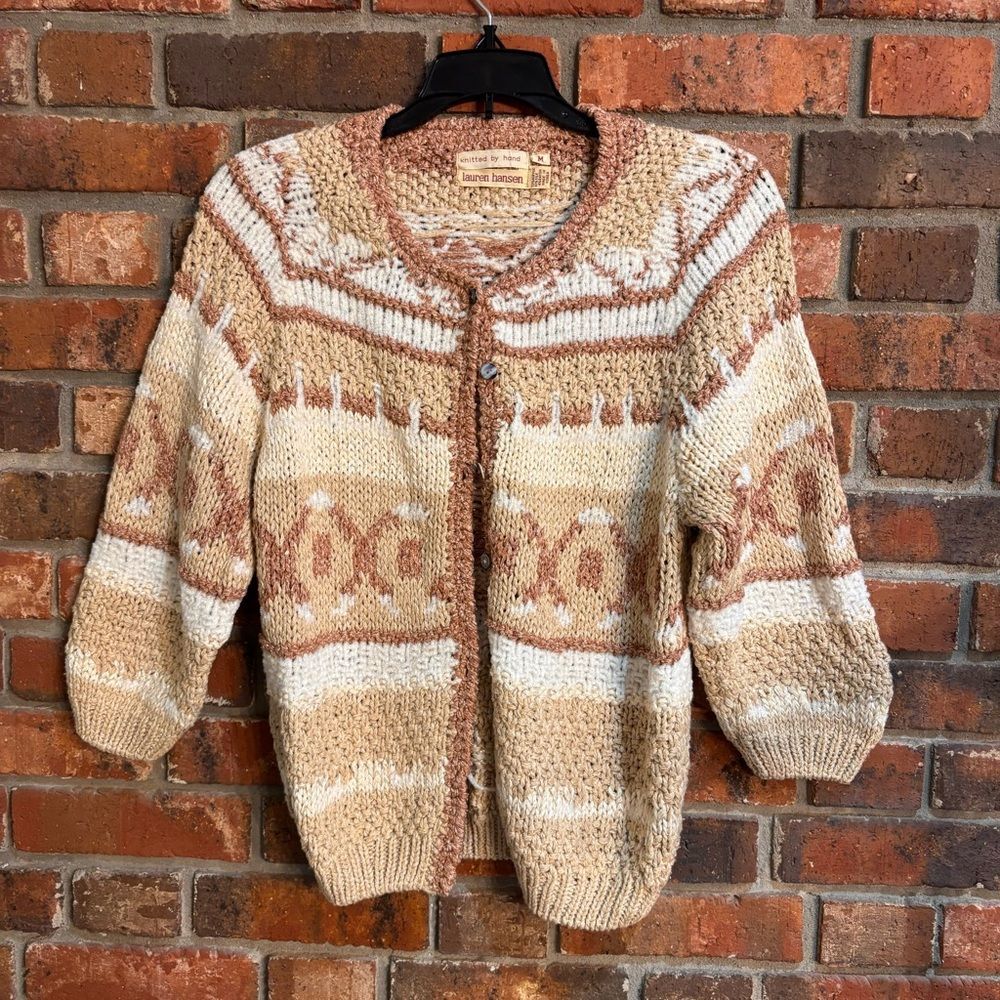 Lauren Hansen womens silk blend hand knitted vintage cardigan sweater tan M